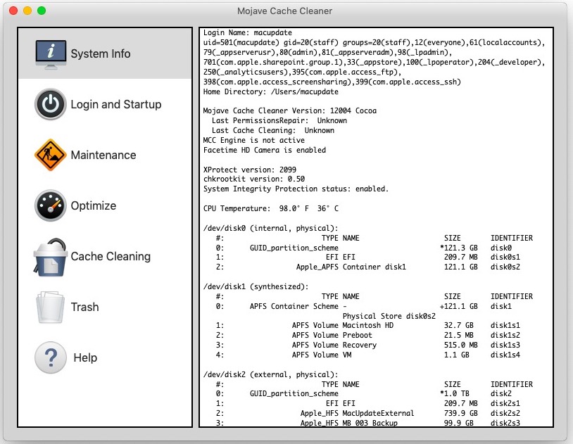 Mojave Cache Cleaner 12.0.2 – Clear caches, access hidden OS X settings, and more. screenshot