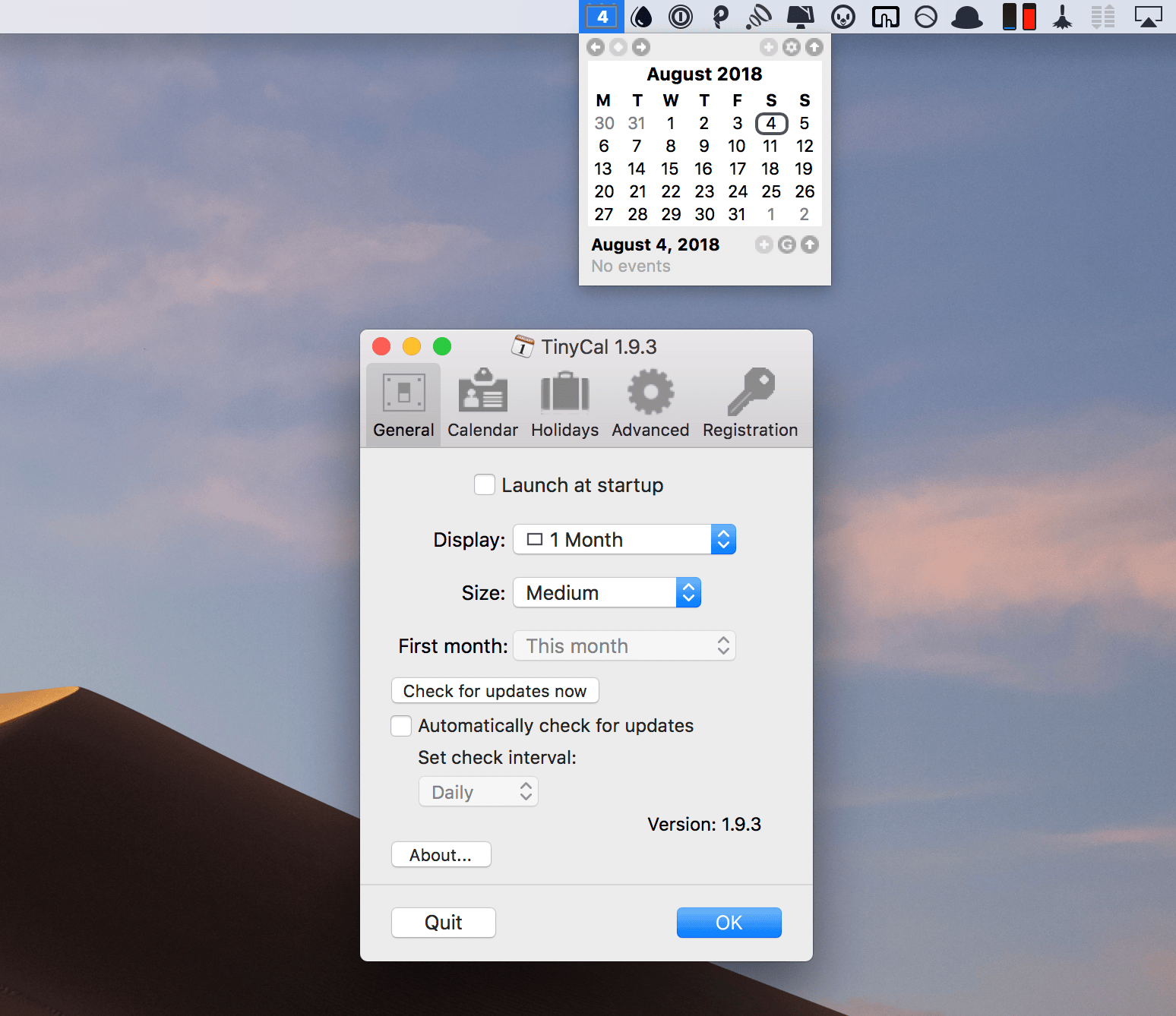 TinyCal 1.9.3 – Menu-bar calendar with Google Calendar integration. screenshot