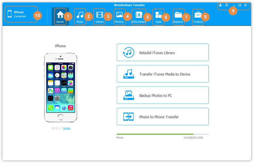 TunesGo 9.6.3 – Transfer music and playlists from your mobile devices to your iTunes Library. screenshot