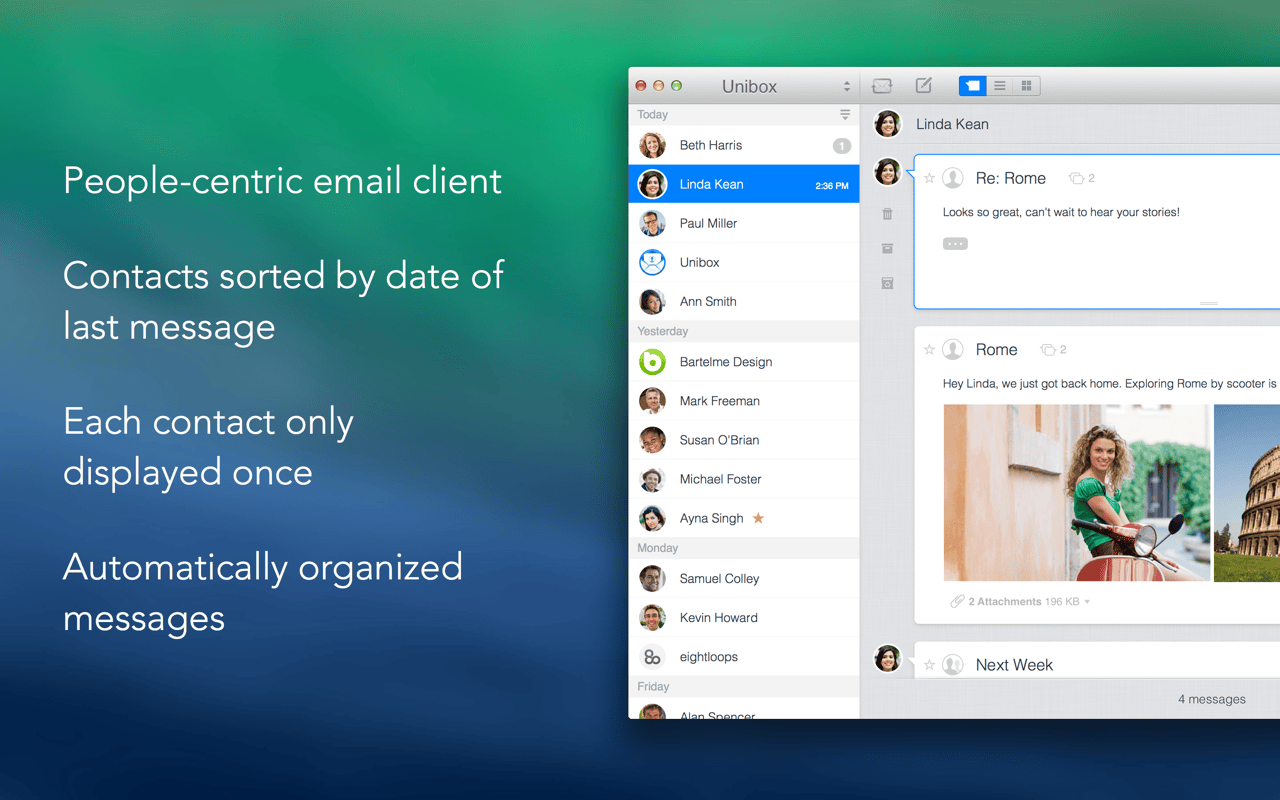 Unibox 1.9.2 – Email client with messages organized by person. screenshot