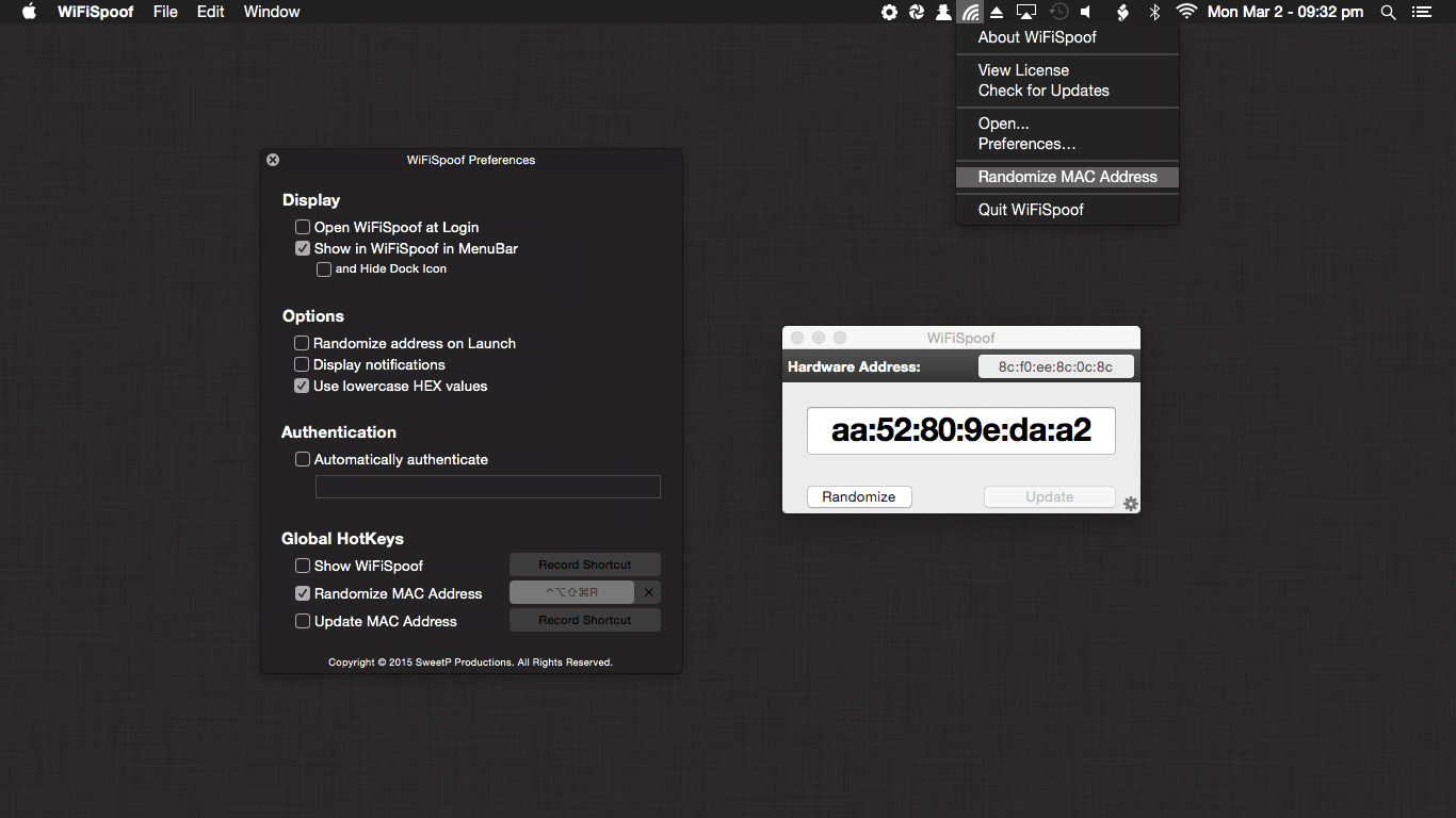 WiFiSpoof 3.3.2 – Change your WiFi MAC address. ekran görüntüsü
