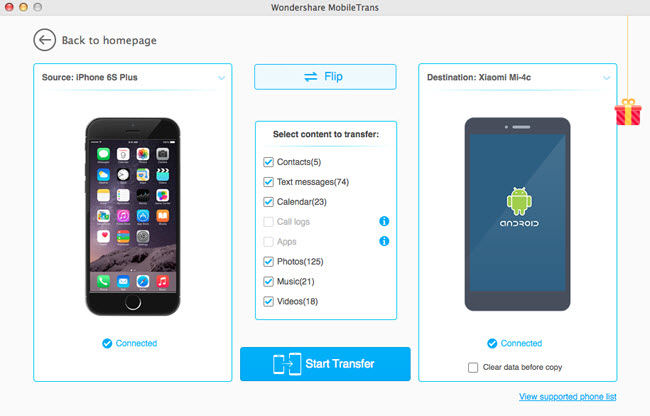 Wondershare MobileTrans 6.9.11 – One-click phone to phone content transfer. ekran görüntüsü